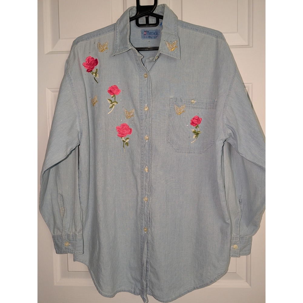 Vintage Denim Shirt Rose Butterfly Embroidery Rhinestone Threads Unlimited S